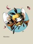  :&gt; antennae brown_scarf character_name closed_mouth full_body gokusaishoku_kiri grey_background insect insect_wings no_humans petals pokemon pokemon_(game) pokemon_sm ribombee scarf signature smile sparkling_eyes text wings 