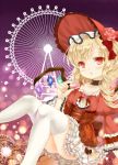  1girl :o alternate_costume arm_support blonde_hair blush bonnet choker collarbone cravat crystal di_tao dress ferris_wheel flandre_scarlet flower food frilled_choker frilled_skirt frilled_sleeves frills gradient gradient_background hair_ribbon hat hat_flower juliet_sleeves leg_lift light_particles long_sleeves looking_at_viewer macaron pink_rose puffy_sleeves purple_background reclining red_dress red_eyes ribbon rose short_hair side_ponytail skirt solo thigh-highs touhou unmoving_pattern white_legwear white_skirt wings 