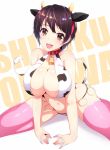  1girl animal_ears bare_shoulders bell bell_collar bikini blush breasts brown_eyes brown_hair cleavage collar cow_ears cow_horns cow_print cow_tail fake_animal_ears hairband highres horns idolmaster idolmaster_cinderella_girls jewelry large_breasts looking_at_viewer navel oikawa_shizuku open_mouth ring ripe.c short_hair sitting sketch smile solo swimsuit tail thigh-highs wariza 