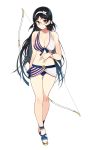  1girl bikini black_hair breasts brown_eyes cleavage covered_navel full_body glasses hairband highres inaba_yamashou large_breasts long_hair looking_at_viewer navel official_art sandals sasamori_tomoe semi-rimless_glasses shirohime_quest smile solo swimsuit 