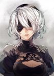  1girl bangs blindfold breasts cleavage dated hair_between_eyes lips mole nier_(series) nier_automata puffy_sleeves short_hair signature simple_background solo white_hair yorha_unit_no._2_type_b 