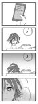  1girl 4koma apron bow chibi clock comic horns jeno kijin_seija monochrome multicolored_hair naked_apron phone silent_comic sleeping solo touhou translation_request two-tone_hair 