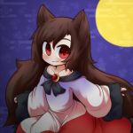  1girl animal_ears blue_background brochette brown_hair dress imaizumi_kagerou inunoko. jewelry looking_at_viewer moon red_eyes signature tail touhou wolf_ears wolf_tail 