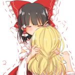  /\/\/\ 2girls ahoge bangs black_hair blunt_bangs blush bow closed_eyes detached_sleeves forehead_kiss hair_bow hair_tubes hakurei_reimu hug kirisame_marisa kiss kosencha large_bow long_hair multiple_girls no_hat no_headwear outline touhou trembling 