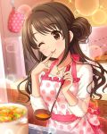  1girl apron blush brown_hair cooking counter heart idolmaster idolmaster_cinderella_girls jewelry kitchen ladle long_hair necklace official_art oven_mitts polka_dot polka_dot_apron pot shimamura_uzuki smile tasting 