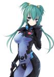  1girl absurdres armor armored_dress bell blue_eyes bodysuit breast_hold breasts comicsnic covered_navel cui_yifei erect_nipples grabbing green_hair hair_bell hair_ornament hands_on_hips highres long_hair looking_at_viewer md5_mismatch mecha muvluv muvluv_alternative muvluv_total_eclipse pilot_suit shy side_ponytail smile solo standing tail twintails white_background 