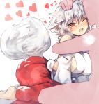  1boy 1girl animal_ears bare_shoulders barefoot bei_mochi blush breasts breath detached_sleeves faceless faceless_male heart highres hug inubashiri_momiji kneeling large_breasts one_eye_closed petting red_eyes red_skirt sitting skirt solo_focus tail tail_wagging touhou white_background white_hair wolf_ears wolf_tail 
