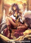  1girl animal_ears arm_guards armlet armor company_connection copyright_name eyepatch fire_emblem fire_emblem:_akatsuki_no_megami fire_emblem_cipher long_hair looking_at_viewer nagahama_megumi nailah official_art outdoors purple_hair sandals shoulder_armor sitting smile solo sunset tail tattoo toeless_socks wolf_ears wolf_tail 