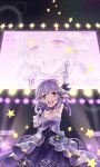  1girl :d arm_ribbon arm_up brown_eyes character_name choker collarbone crowd dress frills gloves glowstick hair_ornament highres holding_microphone idol idolmaster idolmaster_cinderella_girls index_finger_raised koshimizu_sachiko looking_at_viewer microphone night night_sky open_mouth pinky_out purple_hair ribbon ribbon_choker screen short_hair sky smile solo stage_lights star star_(sky) star_hair_ornament starry_sky strapless strapless_dress white_gloves zn_(zzzzzni) zoom_layer 