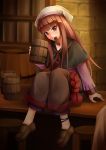  1girl ankle_ribbon bar bar_stool barrel brick_wall capelet countertop dress fang grin hat head_tilt holo indoors kirishima_itsuki layered_dress loafers long_hair long_sleeves looking_at_viewer mouth_hold red_eyes redhead ribbon rope shelf shoes sitting sitting_on_object smile solo spice_and_wolf stool tankard 