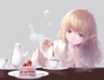  1girl bangs blonde_hair blue_eyes bubble cake coffee cup food fork fruit grey_background hand_to_own_mouth haori_iori looking_down original parted_lips pointy_ears saucer simple_background sleepwear solo steam strawberry teacup teapot teeth 
