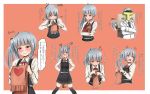  ... 1boy 1girl anger_vein baretto_(karasi07) blush grey_hair hat heart highres kantai_collection kasumi_(kantai_collection) knitting long_hair long_sleeves neck_ribbon nose_blush orange_background peaked_cap red_eyes remodel_(kantai_collection) ribbon scarf school_uniform side_ponytail spoken_ellipsis t-head_admiral thigh-highs translation_request trembling upper_body yarn_ball 