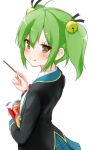  &gt;:3 &gt;:q 1girl :3 :q aeoso ahoge arched_back bangs bell black_ribbon blazer blush eyebrows_visible_through_hair food from_side gj-bu green_eyes green_hair hair_bell hair_ornament hair_ribbon holding holding_food jacket jingle_bell kannazuki_tamaki long_sleeves looking_at_viewer looking_to_the_side matching_hair/eyes packet plaid plaid_skirt pleated_skirt pocky ribbon school_uniform simple_background skirt solo tied_hair tongue tongue_out twintails white_background 