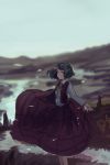  1girl absurdres ascot blurry depth_of_field grass green_hair highres horizon kazami_yuuka landscape looking_at_viewer looking_to_the_side mifuru red_eyes river short_hair sketch skirt sky smile solo touhou vest wind 