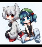  2girls animal_ears back-to-back blue_eyes blue_hair boots hair_bobbles hair_ornament hat inubashiri_momiji inunoko. kawashiro_nitori multiple_girls orange_eyes signature sitting skirt socks tail tank_top touhou white_hair wolf_ears wolf_tail 