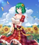  1girl adapted_costume black_legwear blue_sky blush bow breast_hold breasts buttons cleavage clouds collarbone cowboy_shot day depth_of_field dirndl dress du_mogu female field flower flower_field frilled_dress frills garter_straps gloves green_hair hair_between_eyes hair_flower hair_ornament kazami_yuuka large_breasts lens_flare lips looking_at_viewer neck petals plaid plaid_dress puffy_short_sleeves puffy_sleeves red_dress red_eyes ribbon short_hair short_sleeves sky smile solo standing sunflower thigh-highs touhou underbust white_gloves yellow_bow yellow_flower yellow_ribbon 