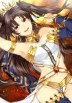  1girl 2f_sq armlet bare_shoulders brown_hair crown detached_sleeves earrings fate/grand_order fate_(series) female gem hair_ribbon highres hoop_earrings ishtar_(fate/grand_order) jewelry long_hair lying navel on_back pelvic_curtain revealing_clothes ribbon round_teeth single_sleeve single_thighhigh smile solo strapless thigh-highs tohsaka_rin two_side_up yellow_eyes 