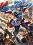  1boy armor blue_eyes blue_hair boots cape company_connection copyright_name fighting fingerless_gloves fire_emblem fire_emblem:_mystery_of_the_emblem fire_emblem_cipher gauntlets gloves helmet holding holding_weapon jewelry knee_boots male_focus marth open_mouth pants shield short_hair short_sleeves solo_focus sword taneda_kazuhiro tiara weapon 