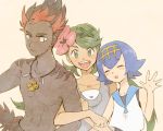  1boy 2girls black_hair blue_hair brown_eyes closed_eyes dark_skin dark_skinned_male flower green_eyes green_hair hair_flower hair_ornament hairband jewelry kaki_(pokemon) locked_arms long_hair looking_at_viewer mallow_(pokemon) multicolored_hair multiple_girls necklace one-piece_swimsuit overalls pokemon pokemon_(game) pokemon_sm short_hair shoulder_tattoo simple_background smile suiren_(pokemon) swimsuit swimsuit_under_clothes tan_background tattoo trial_captain twintails two-tone_hair uppercut very_dark_skin waving yo_mo 