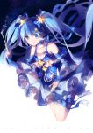  1girl 2017 :d bare_shoulders blue_eyes blue_hair character_name choker collarbone detached_sleeves fingerless_gloves floating_hair gloves hatsune_miku highres long_hair open_mouth ribbon_choker skirt smile solo space star star_(sky) starry_sky_print teeth twintails very_long_hair vocaloid wand yuki_miku 