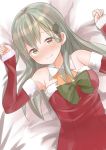  1girl alternate_costume bangs bare_shoulders bed_sheet blush breasts brown_eyes christmas_tree_hair_ornament detached_collar detached_sleeves dress eyebrows_visible_through_hair fur-trimmed_sleeves green_hair green_ribbon hair_ornament kantai_collection large_breasts looking_at_viewer lying natsu_(sinker8c) on_back red_dress ribbon santa_costume smile solo suzuya_(kantai_collection) 