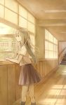  1girl commentary day from_side hallway indoors kneehighs long_hair looking_out_window looking_to_the_side original own_hands_together pleated_skirt school school_uniform sepia shade skirt solo stairs wind window_shade wooden_floor yuki_yanagi_(toumeikurage) 