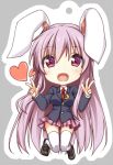  1girl animal_ears blazer blouse breasts bunny_tail chibi double_v grey_background hisae_(hisae_collect) jacket lavender_hair long_hair necktie open_mouth pleated_skirt purple_hair rabbit_ears red_eyes red_necktie reisen_udongein_inaba shirt simple_background skirt solo tail touhou v very_long_hair 
