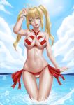  1girl ahoge blonde_hair blush breasts cleavage collarbone eyebrows_visible_through_hair fate_(series) green_eyes highres large_breasts looking_at_viewer navel nero_claudius_(bride)_(fate) nero_claudius_(fate) nero_claudius_(fate)_(all) open_mouth outdoors partially_submerged smile solo suicuneart v water wet 