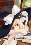  1girl alternate_eye_color animal animal_on_head black_cat blonde_hair blue_eyes book book_stack bookshelf cat crossed_arms curtains desk expressionless hat hat_ribbon head_rest indoors kirisame_marisa long_hair long_sleeves looking_at_viewer open_book quill ribbon solo touhou window witch_hat wuzhuang_caikuangche 