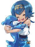  1girl :d ^_^ bangs blue_pants closed_eyes crop_top hair_between_eyes hug koutetsu_(fe_steel_stone) one-piece_swimsuit open_mouth pants pokemon pokemon_(game) pokemon_sm popplio sea_lion shirt short_hair simple_background sleeveless sleeveless_shirt smile solo suiren_(pokemon) swimsuit swimsuit_under_clothes teeth trial_captain white_background 