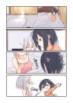  &gt;_&lt; 2girls anger_vein animal_ears bangs bed bedroom black_hair blanket blue_eyes breast_envy breasts camisole cleavage closed_eyes collarbone collared_shirt comic commentary curtains desk empty_eyes eyebrows_visible_through_hair fox_ears hair_between_eyes hand_on_own_chest highres indoors jealous kyoo-kyon_(kyo-kyon) light_rays looking_at_another medium_breasts morning multiple_girls orange_shirt pillow shirt short_hair silver_hair sleeping sleepwear suzunari_arare suzunari_shizuku sweatdrop tears translated waking_up yawning |_| 