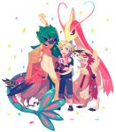  1boy bangs blonde_hair blue_eyes capri_pants carrying closed_eyes confetti decidueye funoito lycanroc male_focus male_protagonist_(pokemon_sm) milotic pants parted_bangs pokemon pokemon_(creature) pokemon_(game) pokemon_sm ribombee shirt short_hair simple_background smile standing stufful t-shirt talonflame white_background 