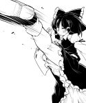  1girl bow commentary_request detached_sleeves futa4192 hair_bow hair_tubes hakurei_reimu high_kick highres japanese_clothes kicking leg_up monochrome motion_lines nontraditional_miko shoes short_hair simple_background skirt solo touhou white_background wide_sleeves 