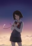 1girl black_skirt blush bow bowtie brown_eyes brown_hair clouds collarbone collared_shirt contrapposto cowboy_shot crying crying_with_eyes_open evening eyebrows_visible_through_hair highres holding kimi_no_na_wa long_sleeves miyamizu_mitsuha outdoors pleated_skirt red_bow red_bowtie shirt short_hair skirt star_(sky) sunset sweater_vest tears white_shirt wing_collar yingji_(zszero) 