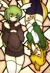  2girls bangs black_legwear blonde_hair blunt_bangs cleavage_cutout clenched_hands closed_eyes covering covering_crotch covering_mouth cowboy_shot d-floe eyebrows_visible_through_hair green_hair head_wings highres long_hair multiple_girls nail_polish original pale_color ribbed_sweater shark_girl sidelocks skindentation smile stained_glass sweater thigh-highs upside-down white_legwear 