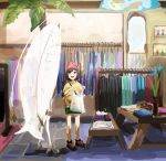  1girl antennae black_hair blush clothes clothes_hanger clothes_rack female_protagonist_(pokemon_sm) hat height_difference looking_at_another looking_up open_mouth pheromosa plant pleo pokemon pokemon_(game) pokemon_sm shirt short_hair ultra_beast yellow_shirt 