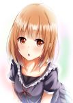  1girl brown_eyes brown_hair collarbone eyebrows_visible_through_hair highres koinobori_(ajc90839) long_hair looking_at_viewer neck_ribbon open_mouth original red_ribbon ribbon short_sleeves simple_background solo upper_body white_background 