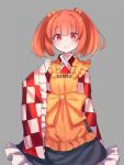  1girl apron black_skirt character_name checkered checkered_kimono grey_background hair_bobbles hair_ornament japanese_clothes kimono long_sleeves looking_at_viewer motoori_kosuzu pokan_(xz1128) red_eyes redhead short_hair simple_background skirt smile solo touhou twintails wide_sleeves 