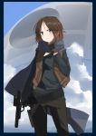  1girl adjusting_scarf belt brown_hair clouds cloudy_sky death_star energy_gun gloves grey_eyes hair_bun holster jacket jyn_erso long_sleeves looking_at_viewer messy_hair open_mouth pants rogue_one:_a_star_wars_story scarf serious sky star_wars vest weapon xialuluo_(sharuro) 