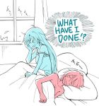 2girls bed bed_sheet blanket color_connection curtains english female indoors long_hair monochrome multiple_girls multiple_monochrome pajamas pillow plant ruby_rose rwby scar short_hair upper_body weiss_schnee window yuri 