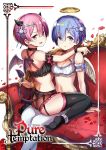  2girls alternate_costume angel angel_and_devil angel_wings arched_back arm_strap arm_support arms_around_neck ass bare_shoulders bat_wings blue_eyes blue_hair bracelet breasts cleavage collarbone copyright_name cover cover_page criss-cross_halter crop_top demon_girl demon_horns demon_tail demon_wings detached_sleeves english feathered_wings feathers from_behind garter_belt garter_straps hair_ornament hair_over_one_eye halo halter_top halterneck hiroki_(hirokiart) holding_another&#039;s_tail horns jewelry lingerie looking_at_viewer medium_breasts midriff multiple_girls navel open_mouth pink_eyes pink_hair ram_(re:zero) re:zero_kara_hajimeru_isekai_seikatsu rem_(re:zero) shiny shiny_skin siblings sisters sitting sitting_on_lap sitting_on_person succubus tail thigh-highs thighs twins underwear wings x_hair_ornament 