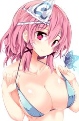  1girl bikini blue_bikini blush breasts butterfly cleavage collarbone hair_ornament head_tilt highres large_breasts looking_at_viewer maturiuta_sorato pink_eyes pink_hair saigyouji_yuyuko short_hair sidelocks simple_background smile solo swimsuit touhou triangular_headpiece upper_body white_background x_hair_ornament 