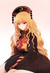  1girl arano_oki black_dress blonde_hair blush breasts dress headdress junko_(touhou) large_breasts looking_at_viewer playing_with_own_hair red_eyes sitting smile solo tabard touhou wariza wavy_hair 