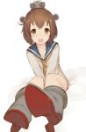  1girl ankle_boots bare_legs between_legs boots brown_eyes brown_hair collarbone female foreshortening grey_boots hand_between_legs headgear kantai_collection keemu_(occhoko-cho) long_sleeves looking_at_viewer neckerchief no_socks pillow school_uniform serafuku short_hair simple_background sitting solo uniform white_background yukikaze_(kantai_collection) 