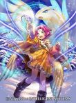  1girl boots cape company_connection copyright_name dragon dress fa facial_mark fire_emblem fire_emblem:_fuuin_no_tsurugi fire_emblem_cipher forehead_mark green_eyes midori_fuu official_art open_mouth orange_skirt pointy_ears purple_hair short_hair skirt smile snow solo wings 