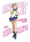  1girl android_18 bare_legs bishoujo_senshi_sailor_moon blonde_hair blue_eyes boots bow character_name cosplay dragon_ball dragon_ball_z dragonball_z earrings full_body gloves hand_on_hip highres ishikawa_hideki jewelry looking_at_viewer pleated_skirt sailor_uranus sailor_uranus_(cosplay) short_hair skirt smile solo 