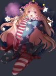  1girl american_flag_dress american_flag_legwear blonde_hair breasts clownpiece dress fairy_wings fangs fire full_body hat highres jester_cap jpeg_artifacts long_hair looking_at_viewer neck_ruff nukominto open_mouth pantyhose pink_eyes polka_dot short_dress short_sleeves simple_background small_breasts solo star star_print striped teeth torch touhou wings 