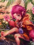  1girl barefoot bow cape company_connection copyright_name dress fa facial_mark feet fire_emblem fire_emblem:_fuuin_no_tsurugi fire_emblem:_mystery_of_the_emblem fire_emblem_cipher flower forehead_mark gem grass green_eyes grey_eyes highres jewelry light_rays long_sleeves looking_at_viewer midori_fuu on_ground one_eye_closed open_mouth orange_dress outdoors pendant pink_hair pointy_ears purple_hair ribbon short_dress short_hair short_over_long_sleeves sitting skirt smile snow soaking_feet soles solo splashing toes water water_drop wings 