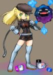  1girl bangs blonde_hair blunt_bangs blush braid clothes_writing cosmog cosmog_(cosplay) cosplay dakusuta french_braid gloves green_eyes hat highres koffing lillie_(pokemon) long_hair looking_at_viewer npc pokemon pokemon_(creature) pokemon_(game) pokemon_sm ponytail shiny shiny_clothes skirt smile solo team_rocket team_rocket_grunt thigh-highs whip 