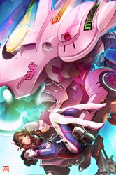  1girl acronym arm_cannon bangs bodysuit boots bracer breasts brown_eyes brown_hair character_name crossed_arms d.va_(overwatch) emblem eyeliner facepaint facial_mark gatling_gun gloves gun headphones highres logo long_hair long_sleeves makeup mecha medium_breasts meka_(overwatch) overwatch pauldrons pechan pilot_suit ribbed_bodysuit shoulder_pads skin_tight solo thigh-highs thigh_boots thigh_strap turtleneck weapon whisker_markings white_boots white_gloves 